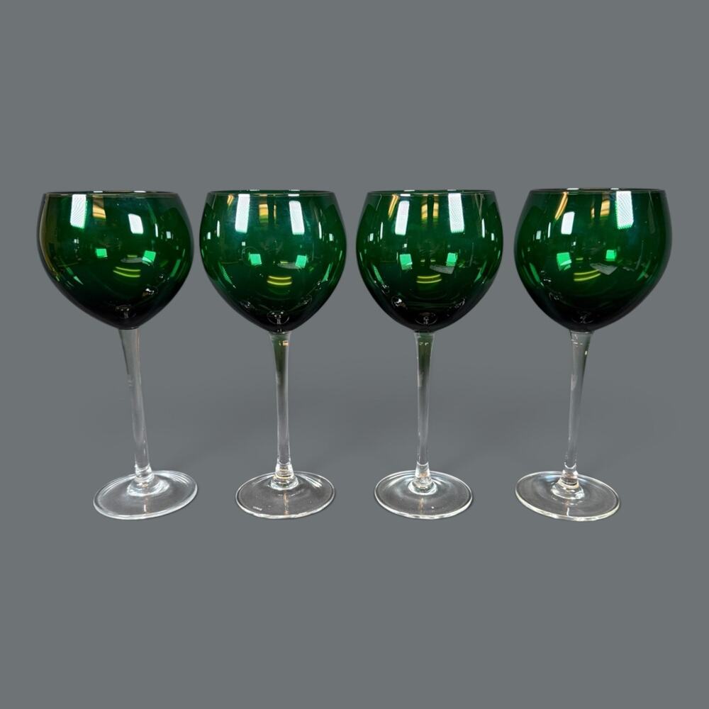 Lot of 4 Lenox - EMERALD GREEN BALLOON GOBLETS glass 9" vintage